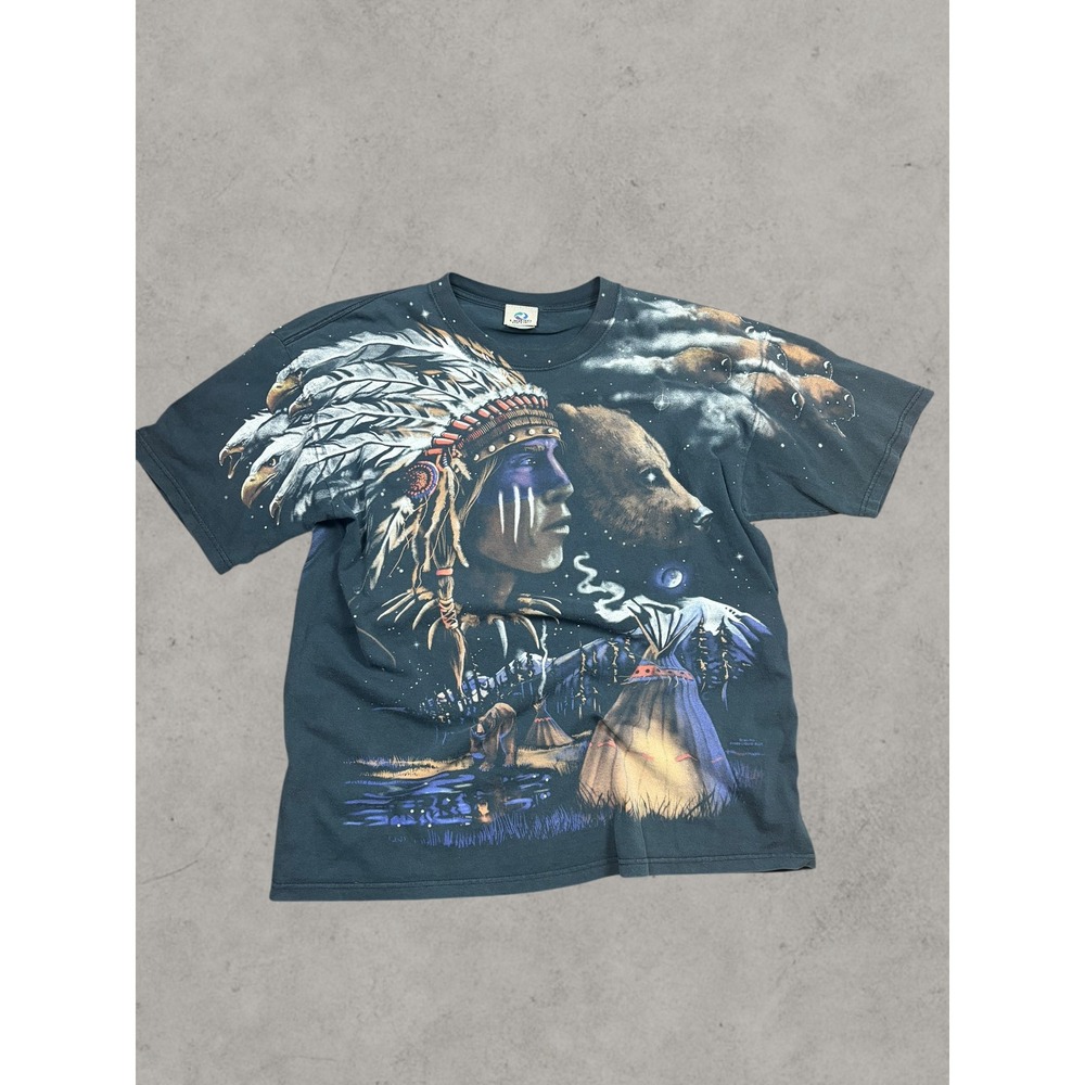 Vintage 1998 Liquid Blue Brian Fox All Over Print T-Shirt Wolf Bear Eagle Black